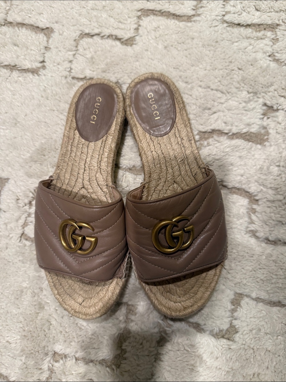 Gucci Taupe Quilted Leather Slide Mules with Gold Double G